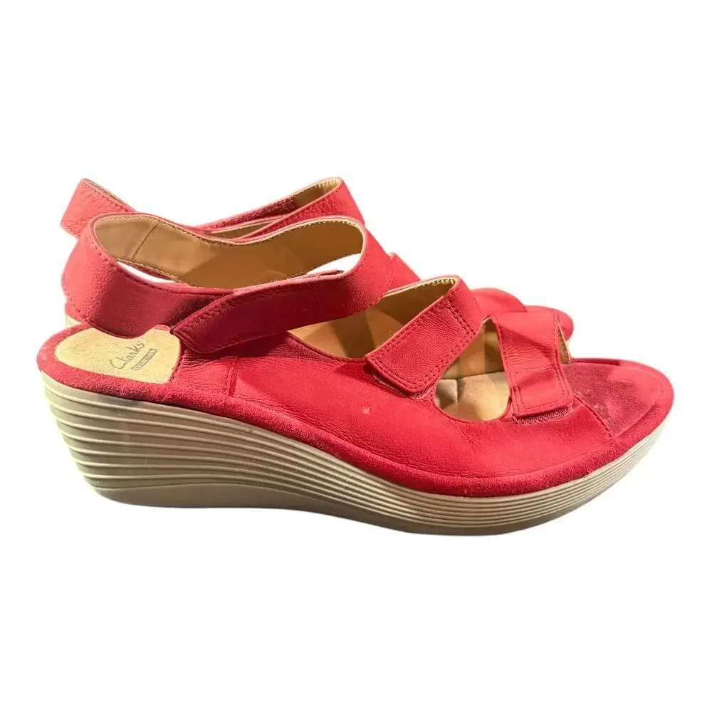 Clarks Women’s Reedly Juno Red Leather Nubuck Wedge Sandals Size 10 M